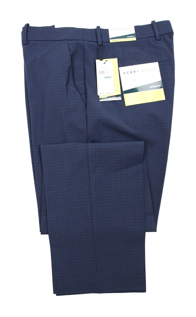 Perry Ellis Dress Pants Mens 34x32 Blue Portfolio Modern Fit Flat Front Check
